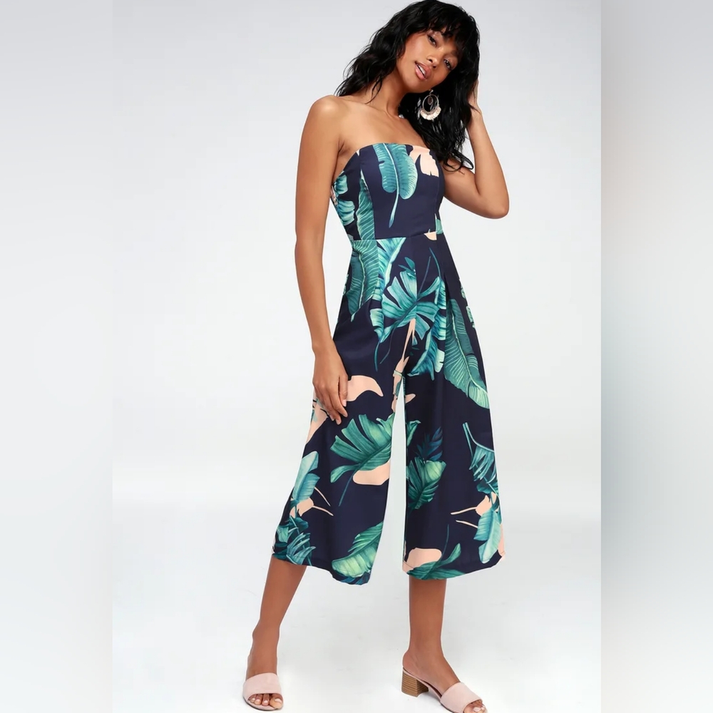 Lulus Women's Rainforest Blooms Navy Blue Print Strapless Midi Jumpsuit Size XS